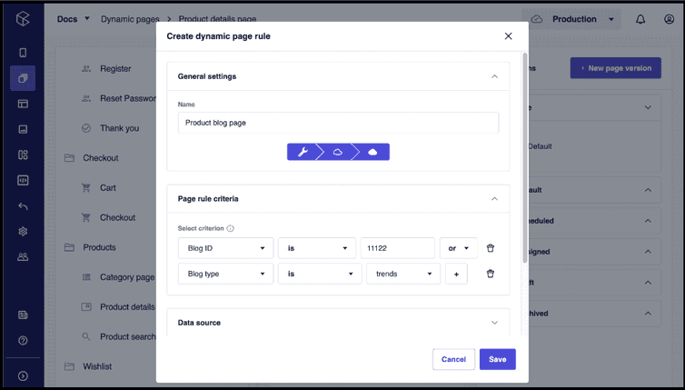 The Page rule criteria builder in the Create dynamic page dialog