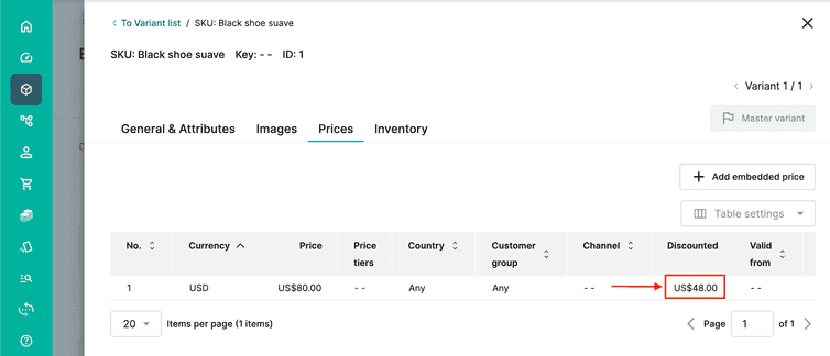 The discounted Price can be viewed in the Prices tab.