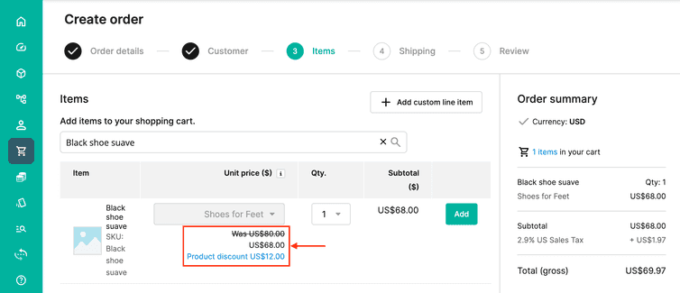 The discounted Price can be viewed in the Prices tab.